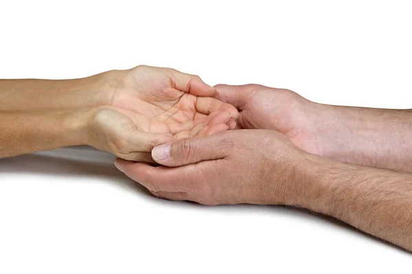 Wat Zie Mijn Handpalmen Mannelijke Samengeknepen Handen Rond Vrouwelijke Samengeknepen — Stockfoto