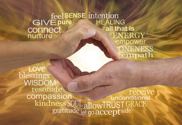Words associated with Energy healers - female hand cupped over male with light between surrounded by healing words on a golden energy flowing background