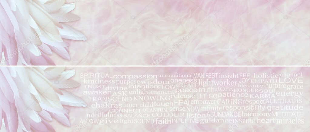 Pale pink angelic feather spiritual words message banner - pile of long thin pink white feathers on left side with ethereal pale pink energy flowing across and a background filled with spiritual words