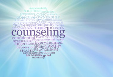 Kelime baloncuğu mesaj pankartı arka planı - Yeşim yeşil mor ve bordo yuvarlak sözcükler COUNSEING ile ilgili mavi yeşil ışık patlaması arka planı ile mesajlar için kopya alanı ile