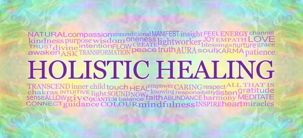 Spiritual Holistic Healing Word Cloud Banner Wielokolorowe Symetryczne Metafizyczne Tło — Zdjęcie stockowe