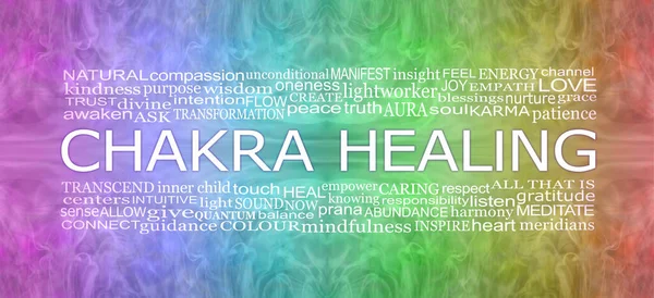 Palabras Asociadas Con Chakra Healing Rainbow Banner Rosa Azul Turquesa —  Fotos de Stock