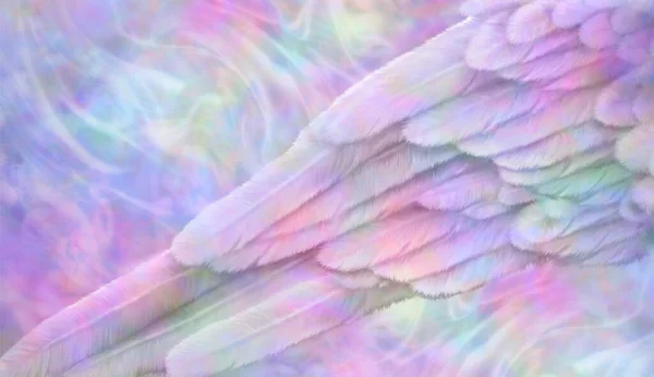 多色のエテリアル天使の翼のメッセージの背景 コピーのためのスペースと賢明なエネルギーフィールドピンク青緑の淡い背景に羽の天使の翼のセクション — ストック写真