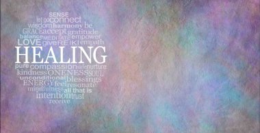 Rustik Şifa Çemberi Mesaj Arkaplanı - bir grunge taş etkisine karşı dairesel Şifa Kelime Bulutu sert desen çok renkli arkaplan mesajlar için kopya alanı                               