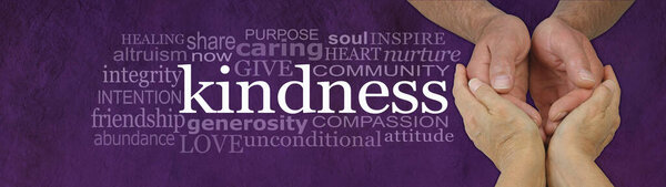 Loving Caring Kindness Concept  Word Cloud - female hands gently cupped around male cupped hands beside a Kindness word tag cloud against a wide rustic dark pink purple  grunge background