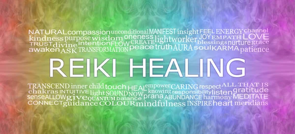 Palabras Asociadas Con Reiki Healing Rainbow Banner Rosa Azul Turquesa — Foto de Stock