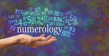 Numerology is in the palm of your hand  - female open palm with the word NUMEROLOGY floating above surrounded by numerous random numbers against a rustic rich modern abstract background clipart