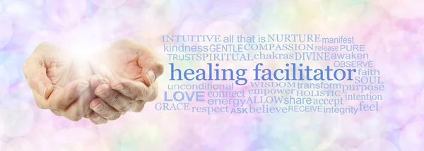 Words Associated Being Healing Facilitator Female Hands Cupped White Burst — Stock Photo, Image