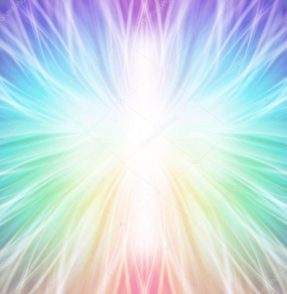 Radiating Rainbow Cross White light background - purple blue green orange yellow and red radiating out from a white central cross shape ideal for modern religious themes