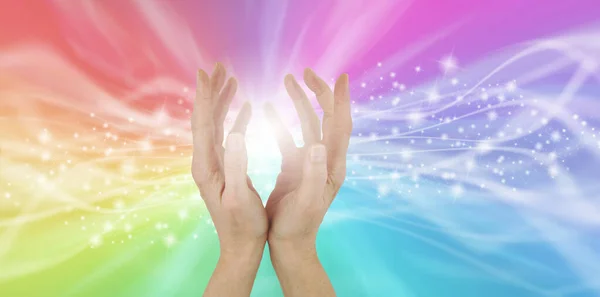 Healing Hands Rainbow Energy Field Female Hands Reaching Flowing Rainbow — Stock Photo, Image