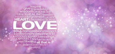 Koşulsuz Aşk mesajı pankartı ile ilişkili sözcükler çemberi - Solda dairesel sevgi bulutu, sağda boşluk kopyala