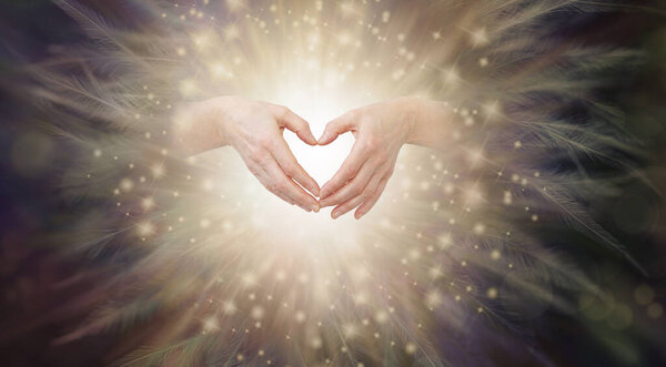 Sending you a loving blessing at Thanksgiving - female hands making a heart shape emerging from golden sparkling feather background with space for messages
