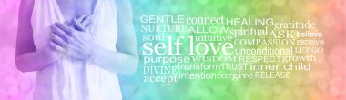 Words associated with Self Love Feminine Rainbow Banner - female in white robe with hands across heart beside a SELF LOVE word cloud against a rainbow coloured bokeh background clipart