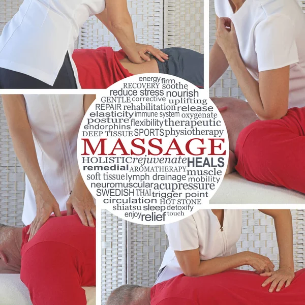 Kvinnlig Massageterapeut Collage Word Cloud Fyra Olika Massagetekniker Bilder Med — Stockfoto