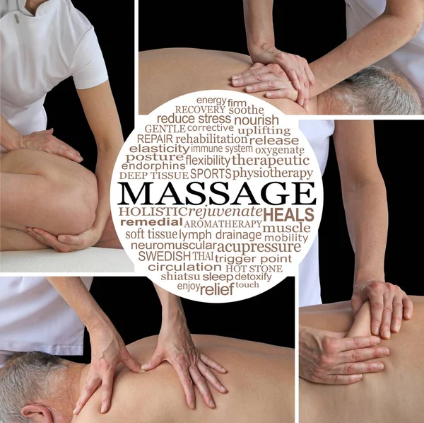 Female Sports Massage Therapist Collage Word Cloud - Four different massage techniques images with female masseuse working on sportsman surrounding a circular massage word cloud