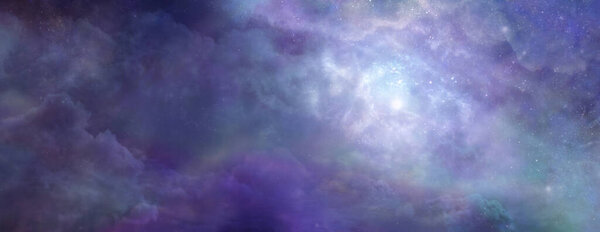 Romantic blue nebula night sky cloudscape - wide panorama of  clouds and a nebula with  space for text