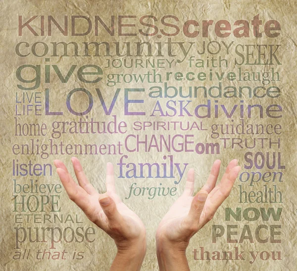 Healing words and hands on rustic parchment — Stock Photo, Image