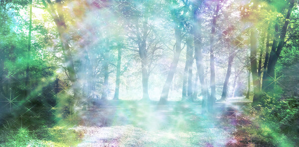 Rainbow colored woodland scene with streams of sparkling light