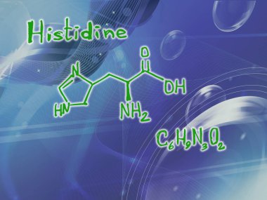 Amino asit histidin E 'nin kimyasal moleküler formülü. Bilgi grafikleri. Soyut parlak parlak mavi arkaplan.