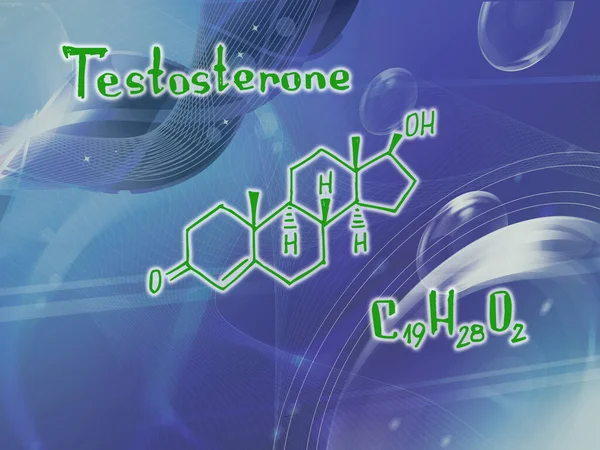 Chemical molecular formula of the hormone Testosterone O . Infographics. Abstract bright glitter blue background.