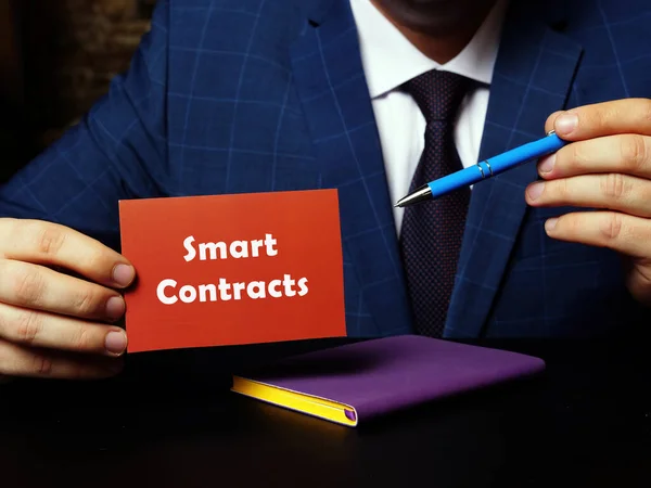 Financial Concept Smart Contracts Sign Red Business Card Hand — Stock Photo, Image