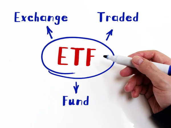 ETF Exchange Traded Fund on Concept photo. Young bussines man in a suit writing on an background