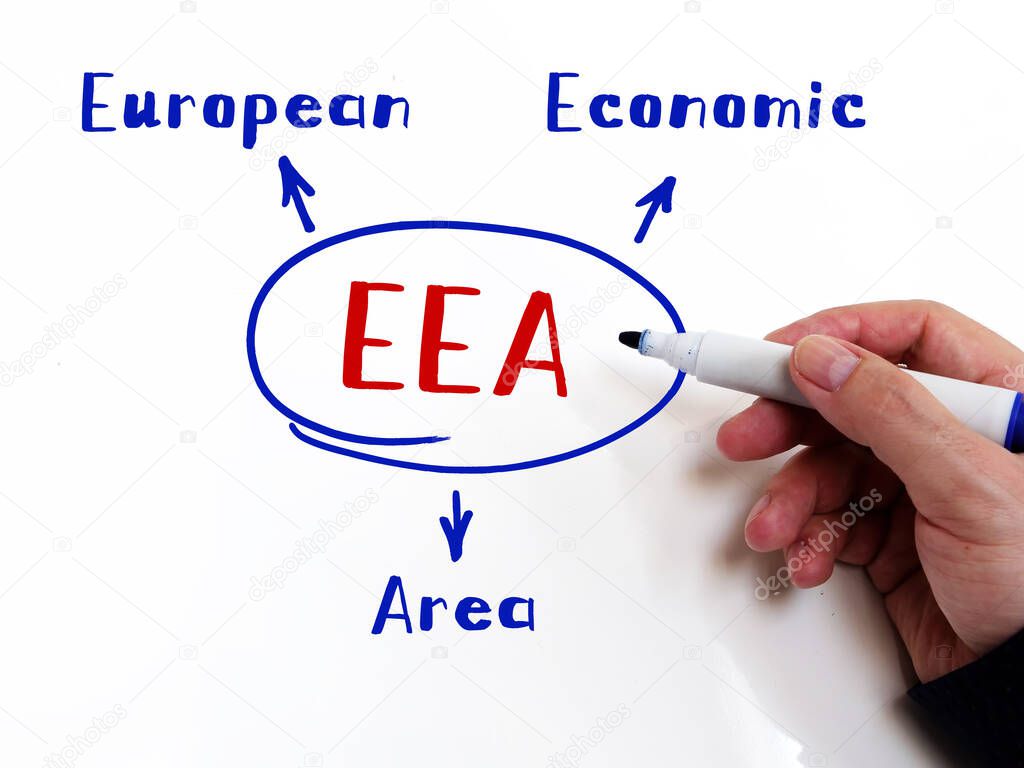  EEA European Economic Area on Concept photo. Corner of stylish open space office with wthie and bright walls on an background