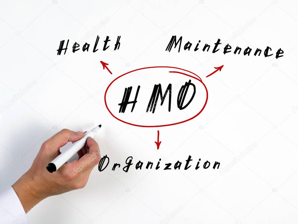  HMO Health Maintenance Organization written text. Fashion and modern office interiors on an background