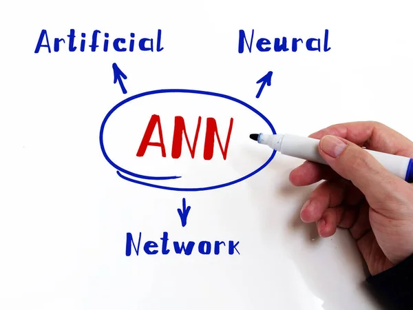 ANN Artificial Neural Network inscription. Businessman writing with marker on an background