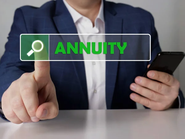 Annuity Inscription Screen Close Budget Analyst Hands Holding Black Smart — Stock Photo, Image