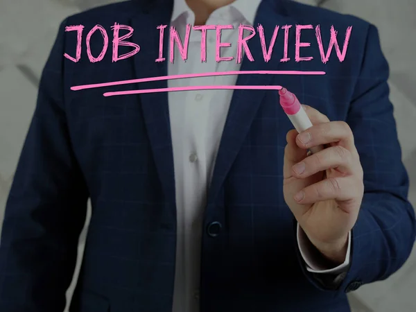 Banchiere Che Scrive Job Intervista Sullo Schermo Una Penna Rosa — Foto Stock