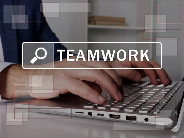 Teamwork Texto Barra Pesquisa Corretor Procura Algo Laptop Conceito Teamwork — Fotografia de Stock