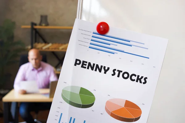 Inscription Penny Stocks Printout Diagrams Tables Successful Businessman Documents Background — Stock Photo, Image