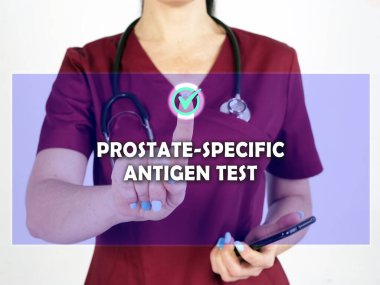  Listede prodüksiyonel antikor testi PSA metni var. Doktor akıllı telefondan bir şey arıyor.