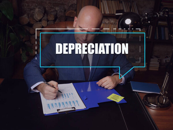  DEPRECIATION phrase on the screen. Budget analyst analyzing market research results. An accounting method of allocating the cost of a tangible asset over its useful lif
