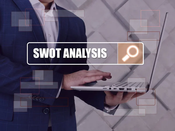 Swot Analysis Texto Línea Búsqueda Analista Presupuesto Buscando Algo Computadora — Foto de Stock