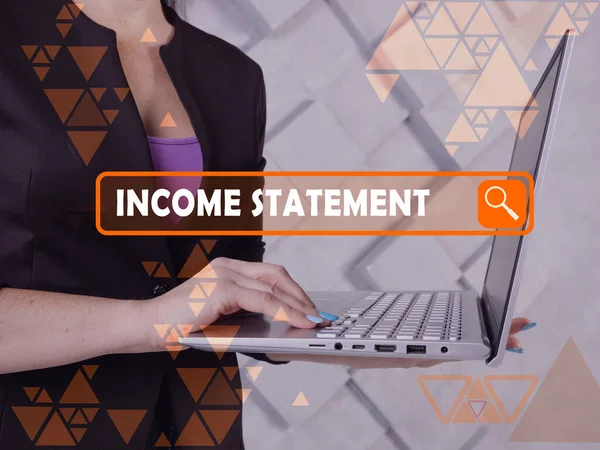 INCOME STATEMENT text in search bar. Marketing expert looking for something at laptop. INCOME STATEMENT concept.