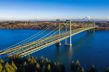 Washington 'daki Tacoma Narrows Köprüsü. Arka planda Rainier Dağı' nın olduğu Gig Limanı tarafından çekilmiş.