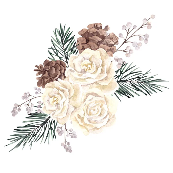 Υδατογραφία Χειμωνιάτικο Μπουκέτο Χριστουγεννιάτικα Λουλούδια Φύλλα Μούρα Απομονωμένα Λευκό Φόντο — Φωτογραφία Αρχείου