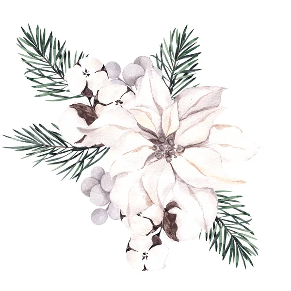Suluboya Kış Buketi Noel Çiçekleri Yapraklar Böğürtlenler Beyaz Arka Planda — Stok fotoğraf