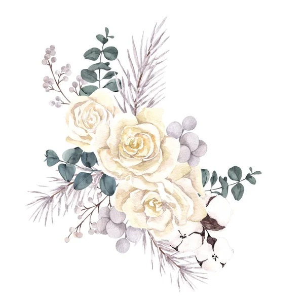 Akwarelowy Bukiet Zimowy Kwiaty Wigilijne Liście Jagody Izolowane Białym Tle — Zdjęcie stockowe