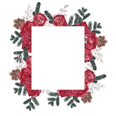 Beyaz arka planda izole edilmiş kış çiçekleri ve yaprakları ile Noel çerçevesi