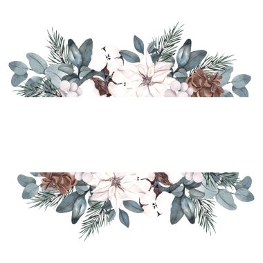 Beyaz arka planda izole edilmiş kış çiçekleri ve yaprakları ile Noel çerçevesi