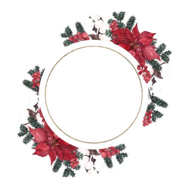 Beyaz arka planda izole edilmiş kış çiçekleri ve yaprakları ile Noel çerçevesi
