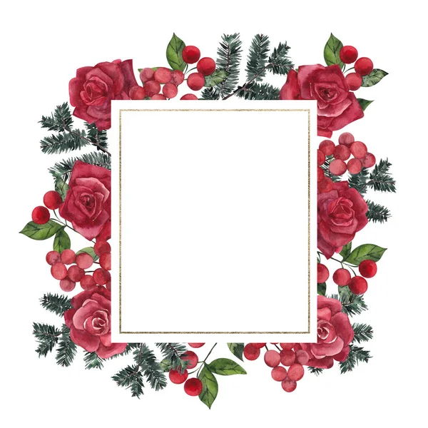 Vánoční Rám Zimními Květy Listy Izolované Bílém Pozadí — Stock fotografie