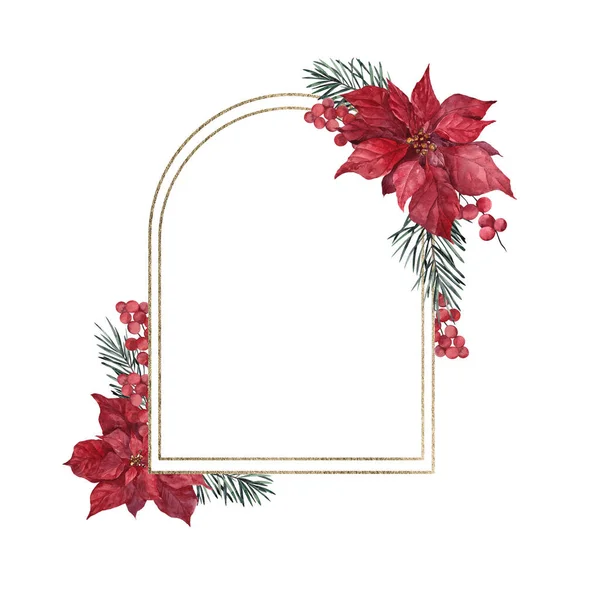 Christmas frame with winter flowers and leaves, isolated on white background