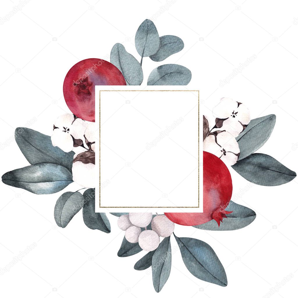 Christmas frame with winter flowers and leaves, isolated on white background