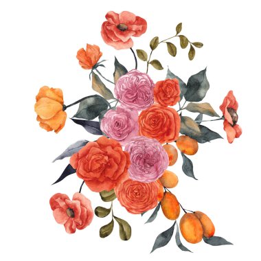 Narin çiçekli suluboya çizimler ve narin turunçgil, limon, mandalina, beyaz arka planda izole edilmiş.