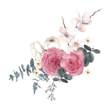 Narin çiçekli suluboya çizimler ve narin turunçgil, limon, mandalina, beyaz arka planda izole edilmiş.