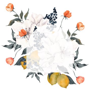 Beyaz arka planda izole edilmiş limon, mandalina ve zarif çiçeklerle suluboya çerçeve